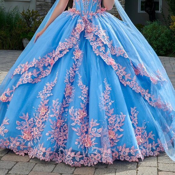 New Layered Bahama Blue Off The Shoulder Quinceanera Gown w/ Lace up Back GL3708 - Picture 8 of 13